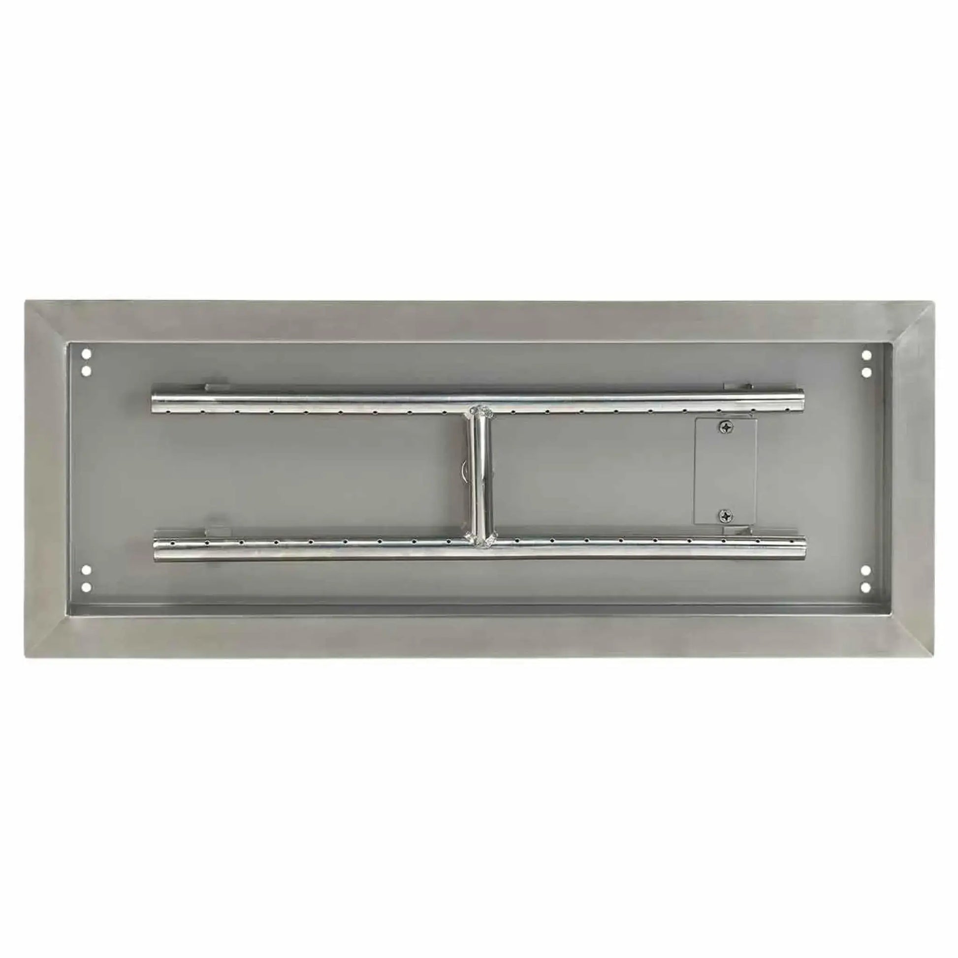 Top-down view of a 24 by 8 inch stainless steel rectangular drop-in burner pan, highlighting the clean interior surface, evenly spaced burner ports, and reinforced center connection between burner bars.