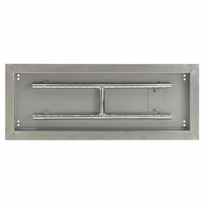 Top-down view of a 24 by 8 inch stainless steel rectangular drop-in burner pan, highlighting the clean interior surface, evenly spaced burner ports, and reinforced center connection between burner bars.