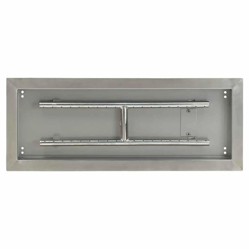 Top-down view of a 24 by 8 inch stainless steel rectangular drop-in burner pan, highlighting the clean interior surface, evenly spaced burner ports, and reinforced center connection between burner bars.