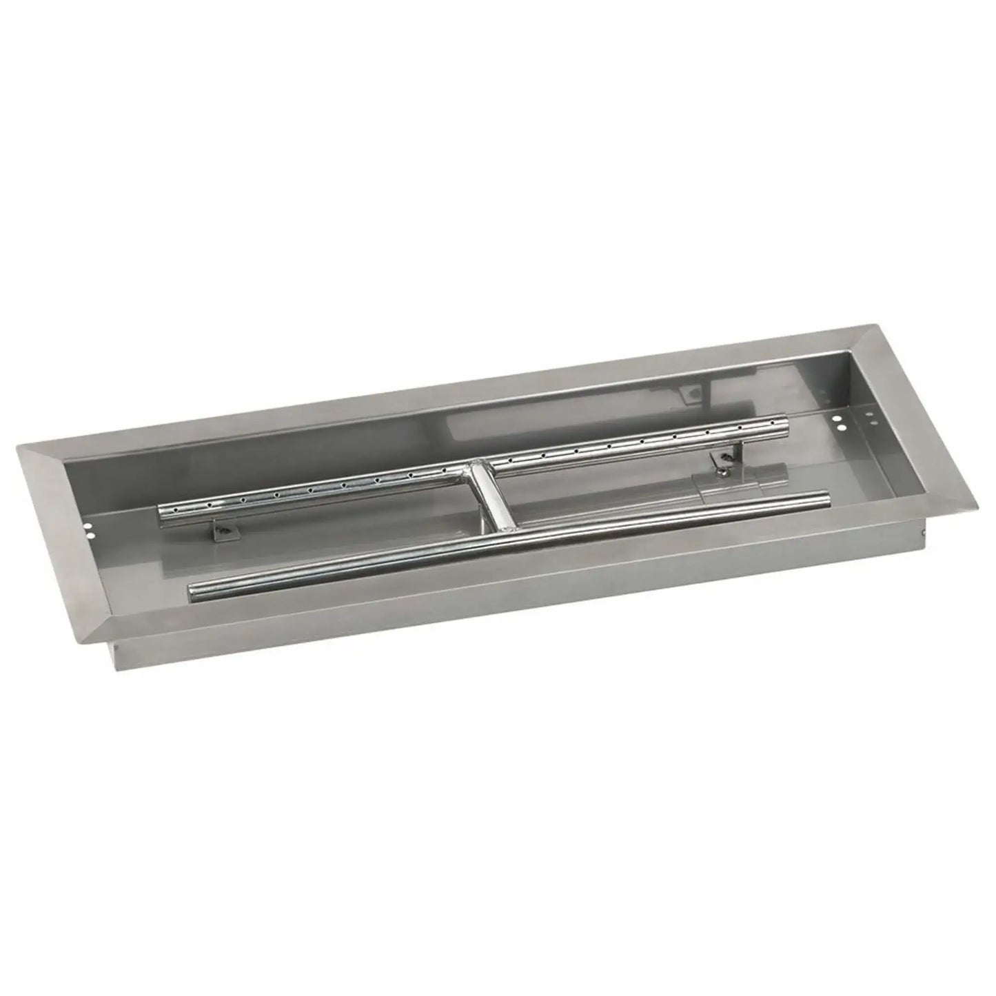 Angled studio view of a 24x8 rectangular stainless steel drop-in burner pan, showing the brushed stainless pan walls, dual burner tubes, and centered support bracket designed for compact outdoor fire pit installations.