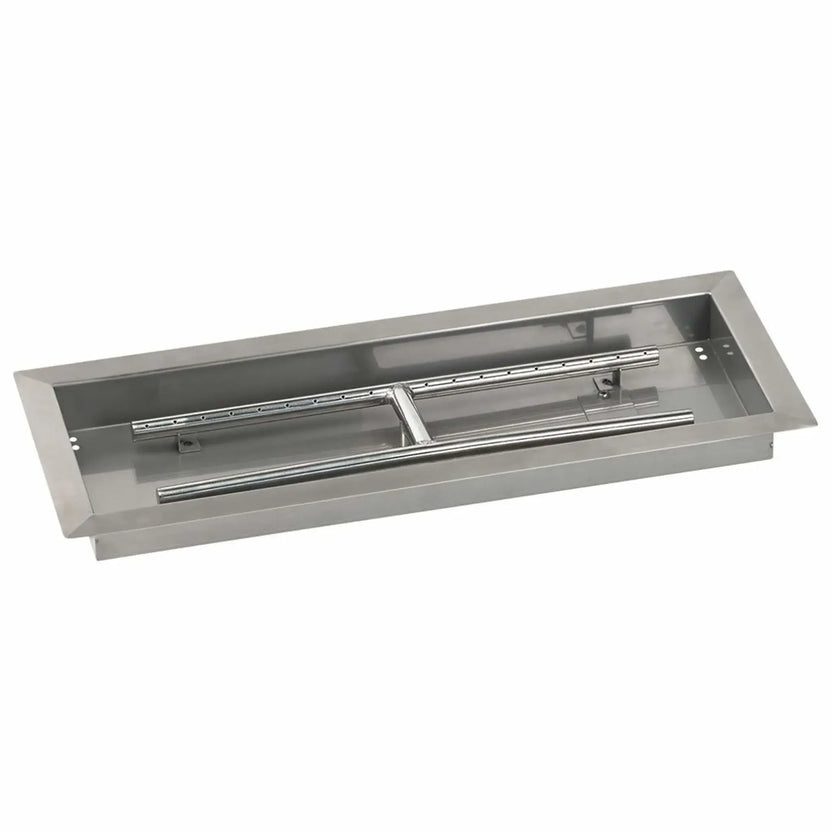 Angled studio view of a 24x8 rectangular stainless steel drop-in burner pan, showing the brushed stainless pan walls, dual burner tubes, and centered support bracket designed for compact outdoor fire pit installations.