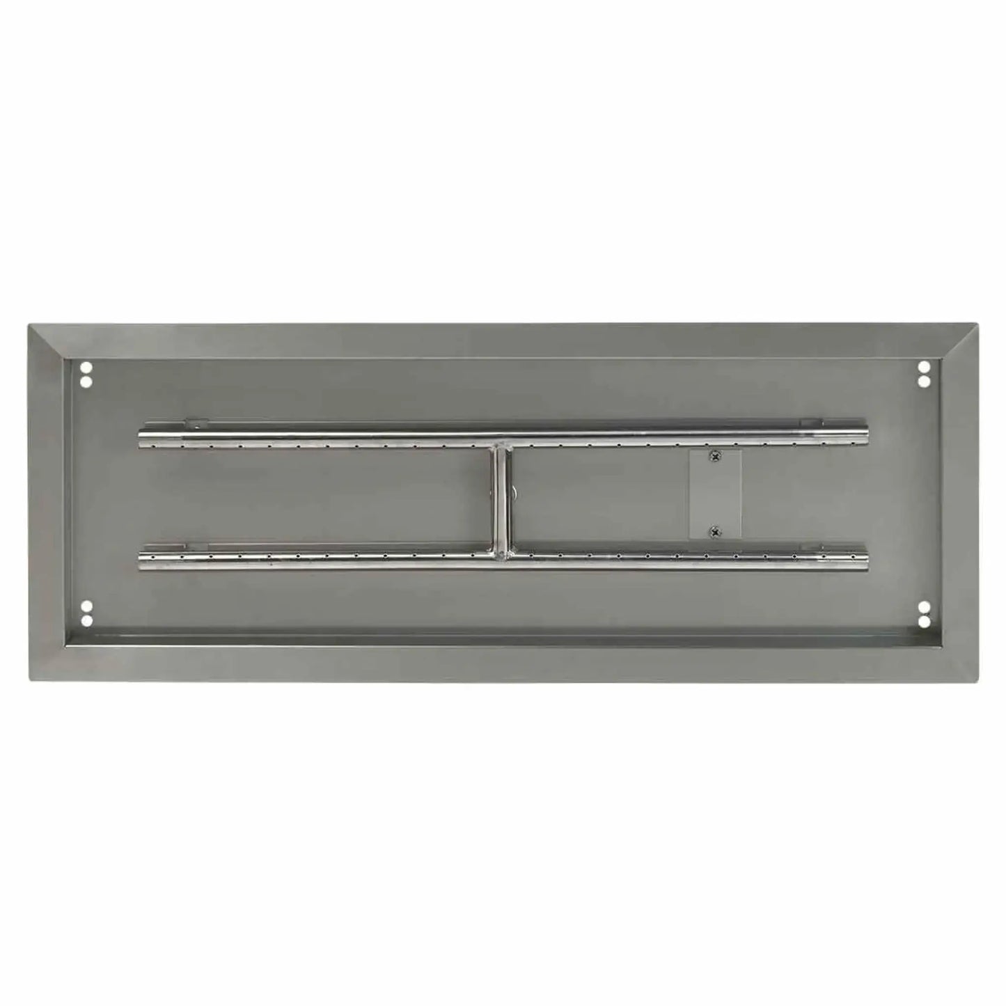 Overhead studio view of a 30 by 10 inch stainless steel rectangular burner pan, showing dual linear burner tubes, center support post, mounting holes, and smooth interior designed for fire glass or lava rock.