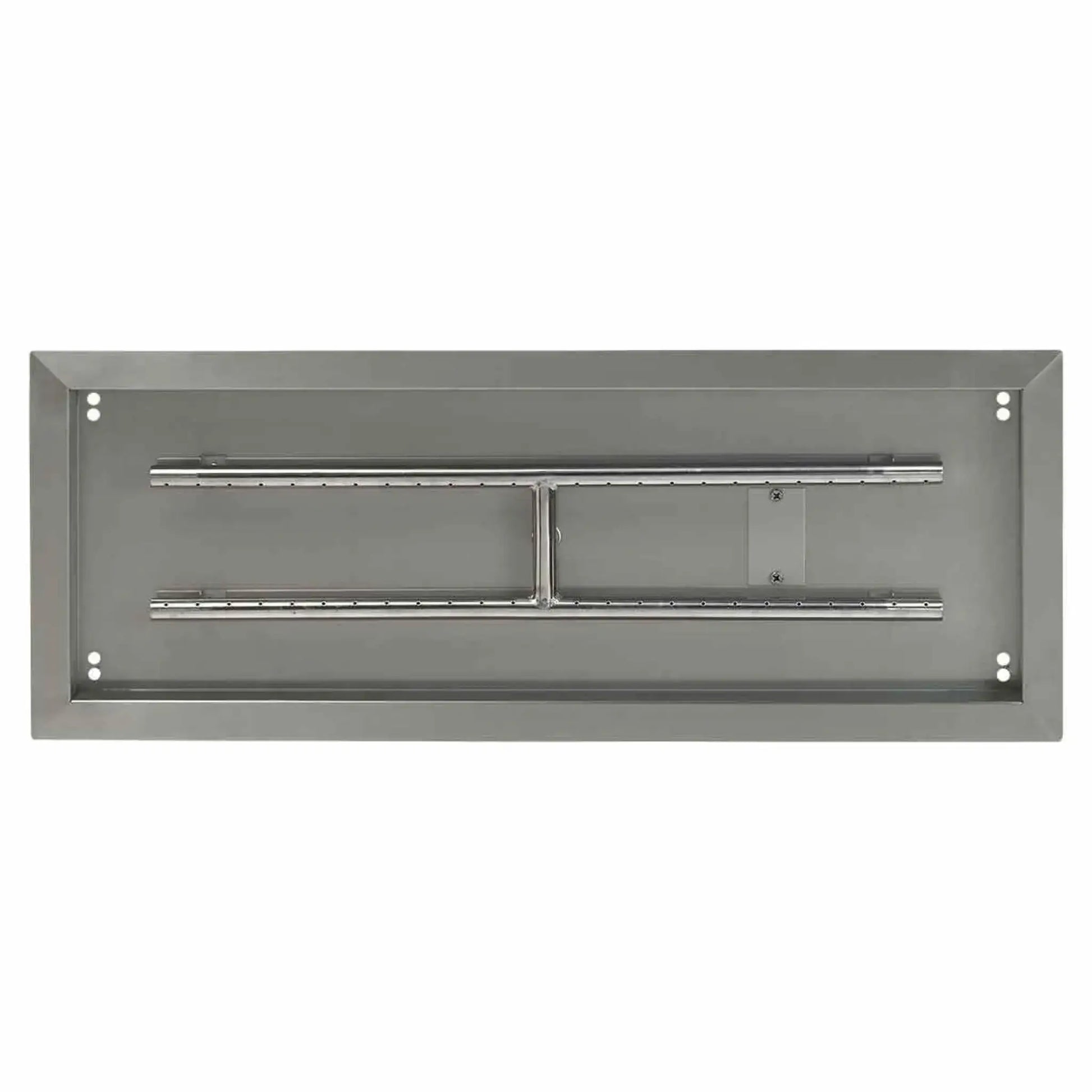 Overhead studio view of a 30 by 10 inch stainless steel rectangular burner pan, showing dual linear burner tubes, center support post, mounting holes, and smooth interior designed for fire glass or lava rock.