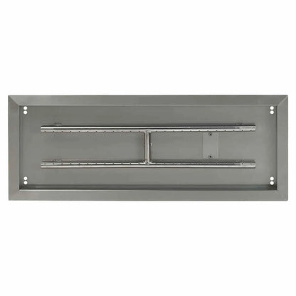 Overhead studio view of a 30 by 10 inch stainless steel rectangular burner pan, showing dual linear burner tubes, center support post, mounting holes, and smooth interior designed for fire glass or lava rock.