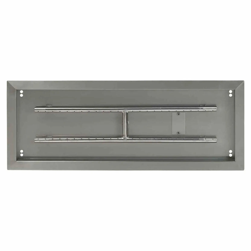 Overhead studio view of a 30 by 10 inch stainless steel rectangular burner pan, showing dual linear burner tubes, center support post, mounting holes, and smooth interior designed for fire glass or lava rock.