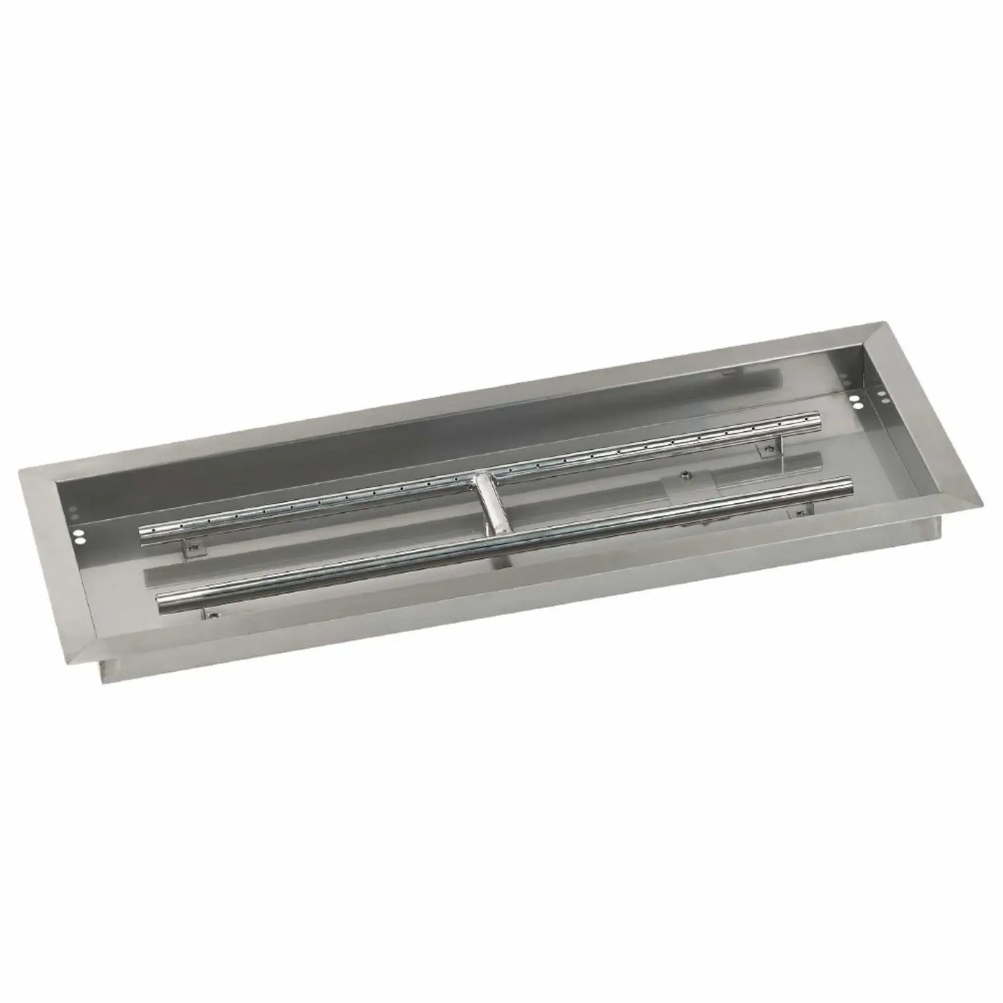 Angled product image of a 30x10 rectangular stainless steel drop-in burner pan, featuring a wide fire opening, deep pan construction, and polished stainless steel burner assembly for custom outdoor fire tables.