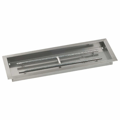 Angled product image of a 30x10 rectangular stainless steel drop-in burner pan, featuring a wide fire opening, deep pan construction, and polished stainless steel burner assembly for custom outdoor fire tables.