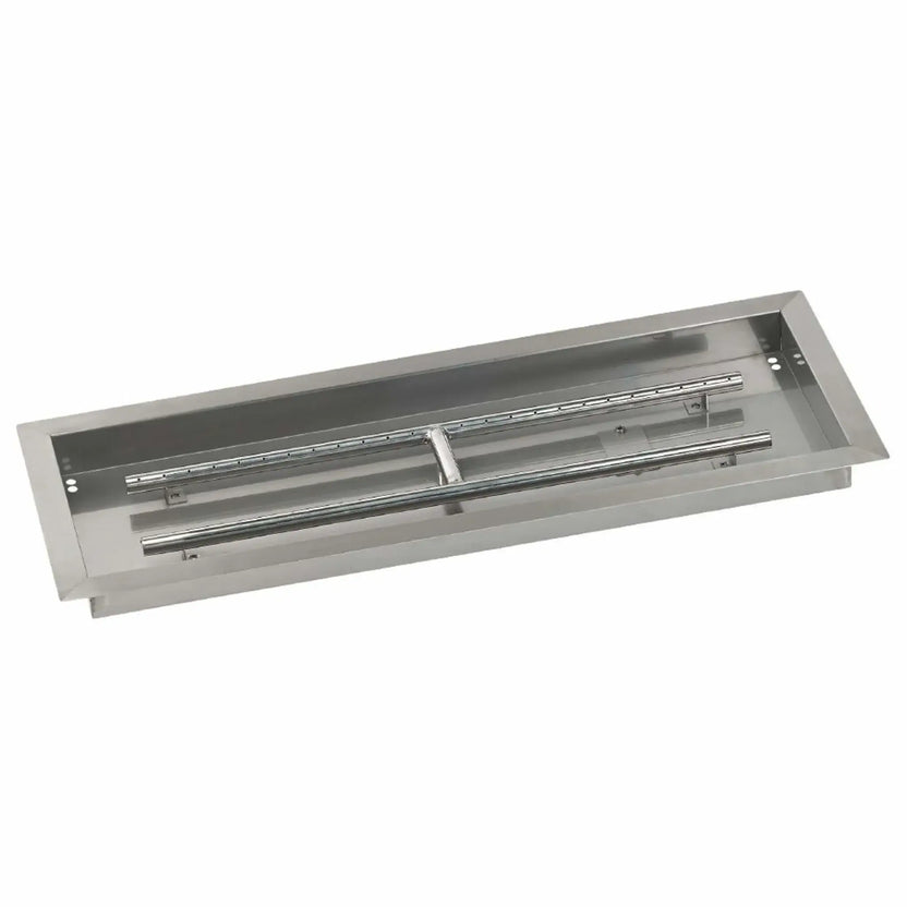 Angled product image of a 30x10 rectangular stainless steel drop-in burner pan, featuring a wide fire opening, deep pan construction, and polished stainless steel burner assembly for custom outdoor fire tables.