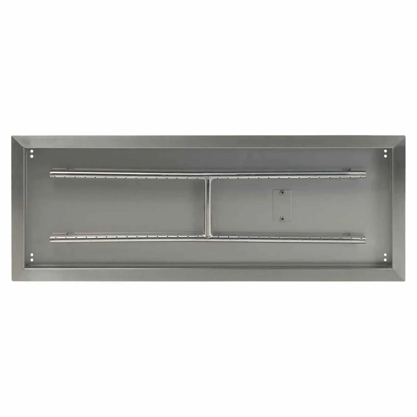 Straight-on top view of a 36 by 12 inch stainless steel drop-in burner pan, highlighting the full-length burner tubes, reinforced center support, and clean rectangular frame.