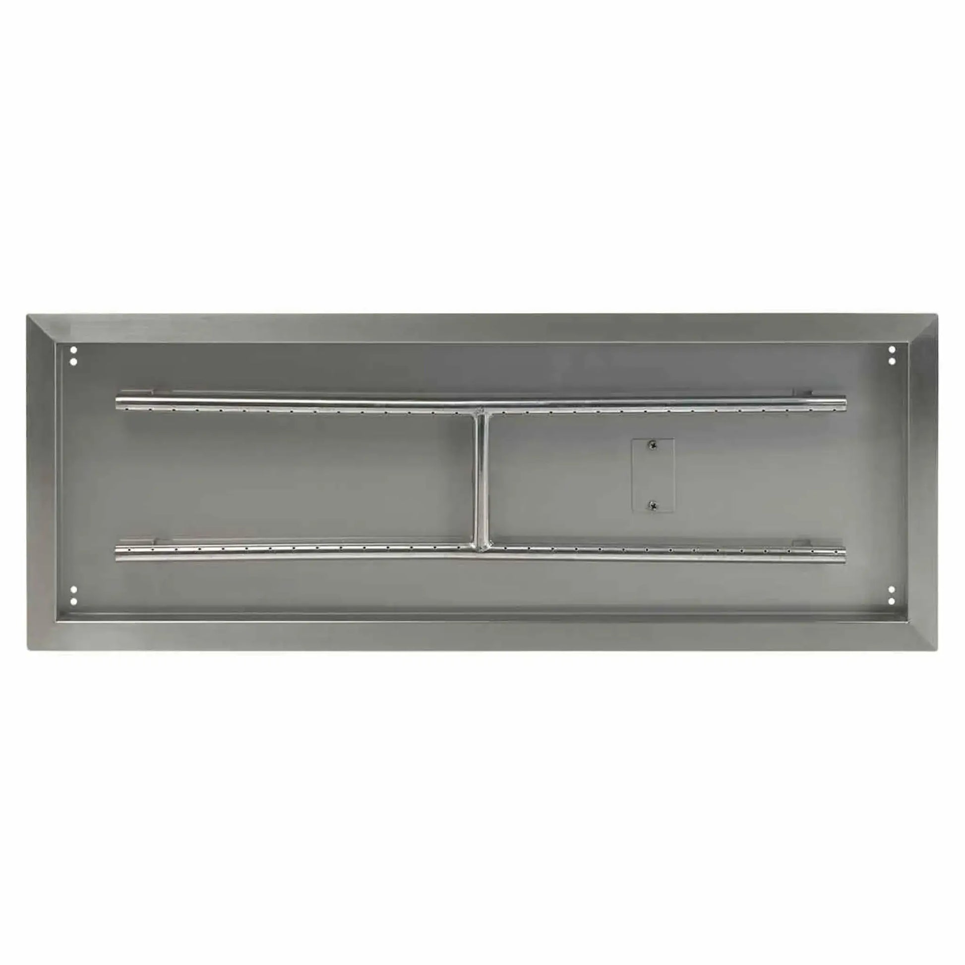 Straight-on top view of a 36 by 12 inch stainless steel drop-in burner pan, highlighting the full-length burner tubes, reinforced center support, and clean rectangular frame.