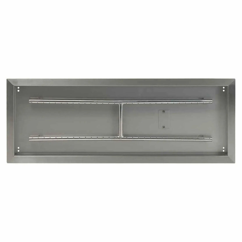 Straight-on top view of a 36 by 12 inch stainless steel drop-in burner pan, highlighting the full-length burner tubes, reinforced center support, and clean rectangular frame.