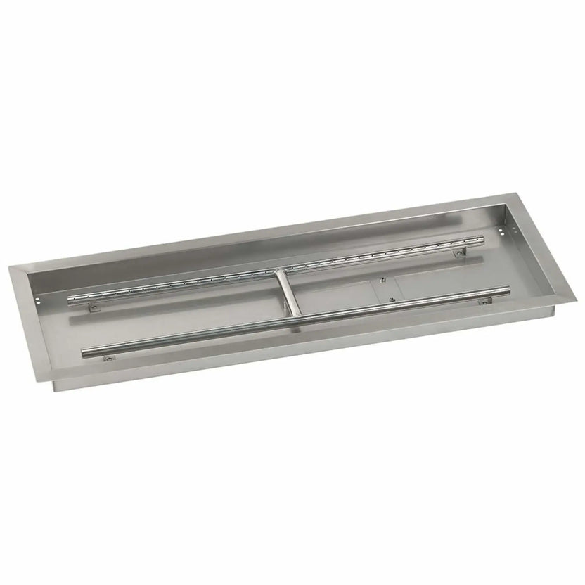 Angled view of a 36x12 stainless steel rectangular drop-in burner pan, displaying the large pan opening, brushed stainless finish, and extended burner bars built for medium to large outdoor fire pit designs.
