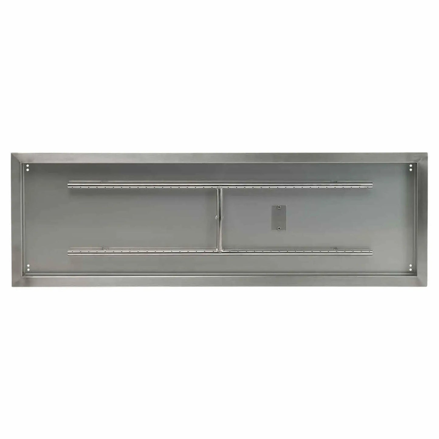 Rectangular stainless steel drop-in fire pit burner pan with a wide brushed finish, featuring dual linear burner tubes connected by a center gas manifold. The pan has raised flanged edges for easy installation, evenly spaced burner ports for consistent flame distribution, and a clean, modern design suitable for custom outdoor fire pit builds.