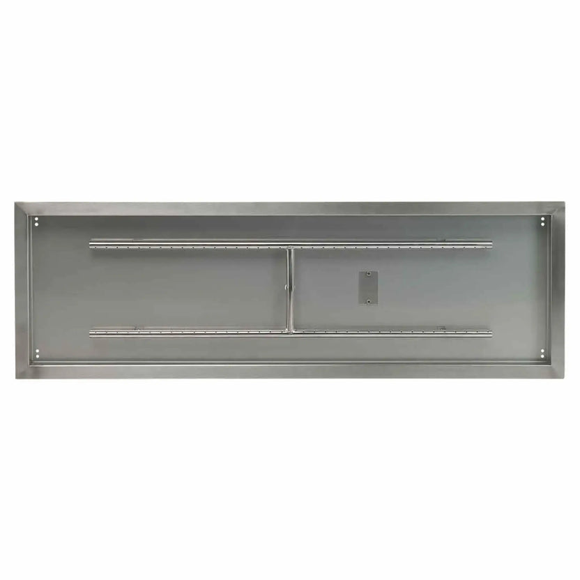 Rectangular stainless steel drop-in fire pit burner pan with a wide brushed finish, featuring dual linear burner tubes connected by a center gas manifold. The pan has raised flanged edges for easy installation, evenly spaced burner ports for consistent flame distribution, and a clean, modern design suitable for custom outdoor fire pit builds.