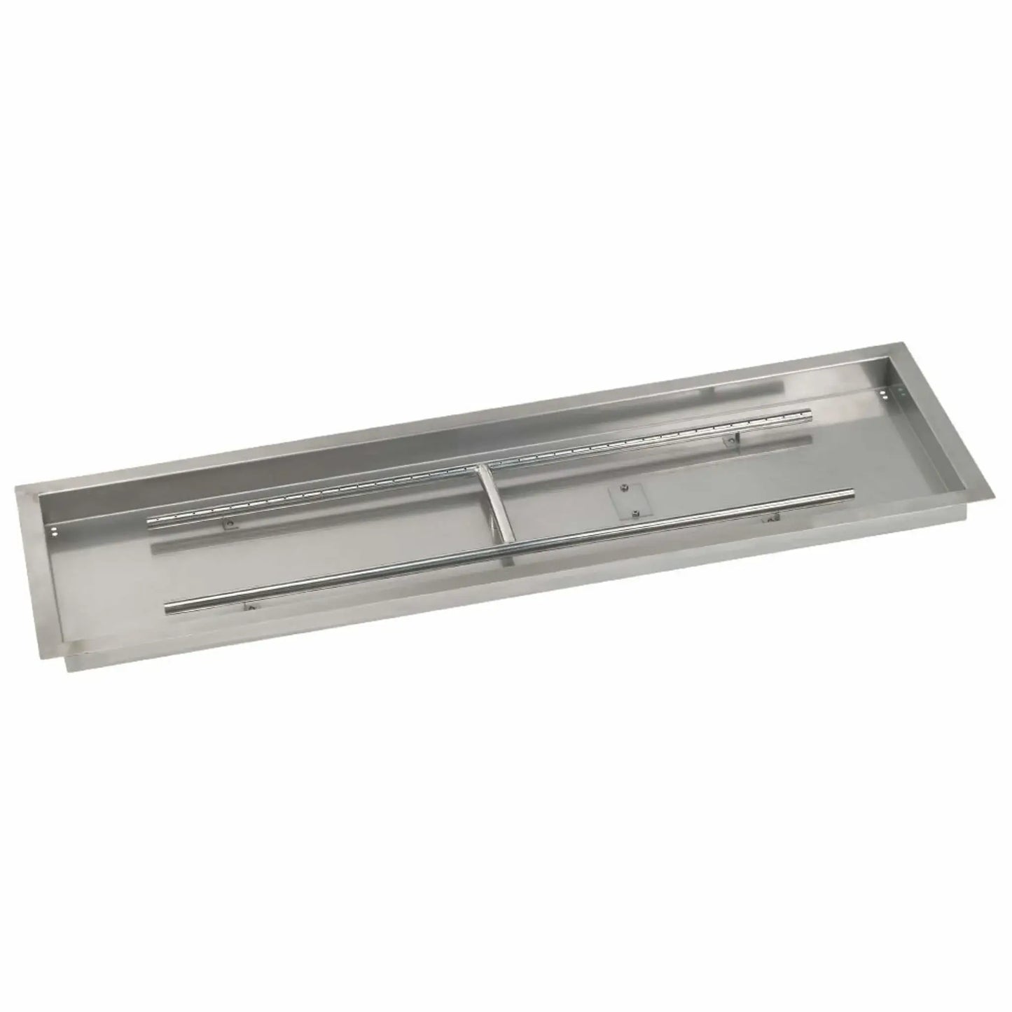 Large rectangular stainless steel drop-in burner pan measuring 48 by 14 inches, shown at an angle to emphasize the deep pan walls, wide fire opening, and heavy-duty burner construction for high-output fire features.