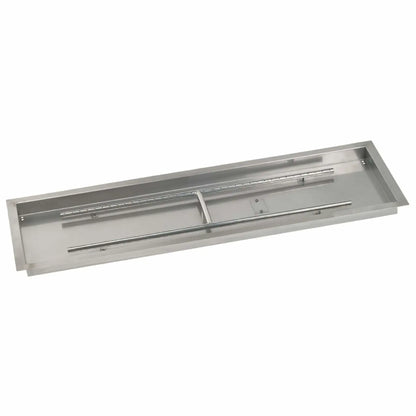 Large rectangular stainless steel drop-in burner pan measuring 48 by 14 inches, shown at an angle to emphasize the deep pan walls, wide fire opening, and heavy-duty burner construction for high-output fire features.