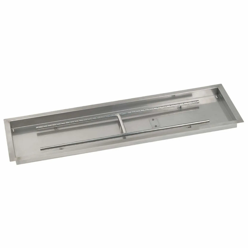 Large rectangular stainless steel drop-in burner pan measuring 48 by 14 inches, shown at an angle to emphasize the deep pan walls, wide fire opening, and heavy-duty burner construction for high-output fire features.