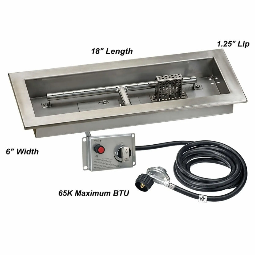 Dimension diagram of an 18-inch by 6-inch stainless steel rectangular drop-in fire pit pan showing overall length, width, raised 1.25-inch lip, internal burner layout, and a 65,000 BTU CSA-certified ignition system with control panel and gas hose.