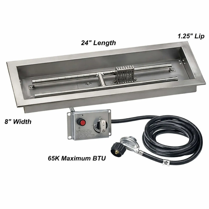 Technical dimension image of a 24-inch by 8-inch rectangular stainless steel fire pit pan featuring a raised installation lip, linear burner tube, flame guard, electronic ignition control panel, and a 65,000 BTU CSA-certified gas system.