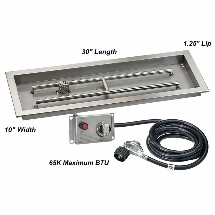 Measurement diagram for a 30 by 10 inch rectangular stainless steel fire pit pan, detailing burner position, pan depth, and drop-in lip dimensions.