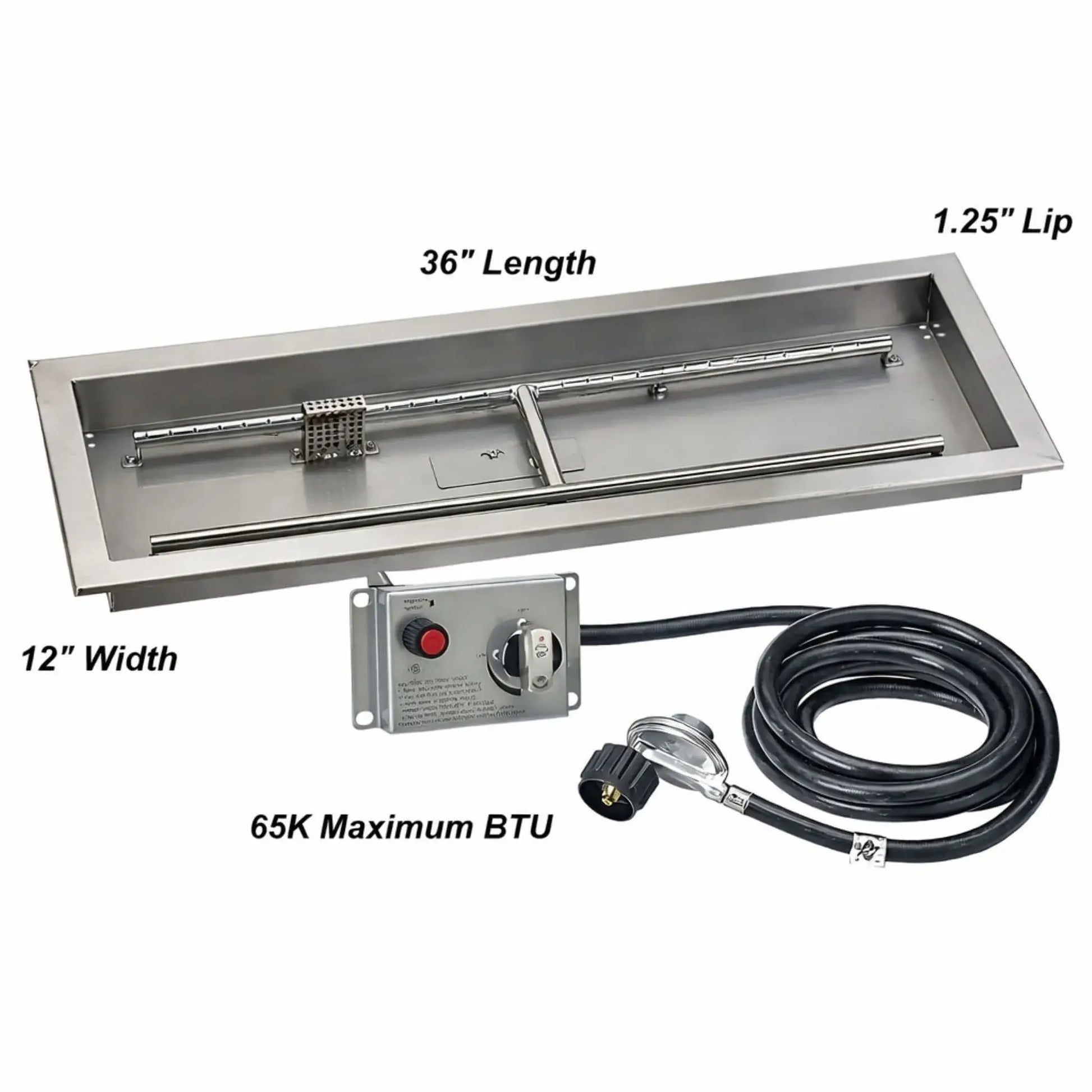 Installation dimension guide for a 36 by 12 inch stainless steel drop-in fire pit pan, showing overall size, burner alignment, and mounting lip measurements.