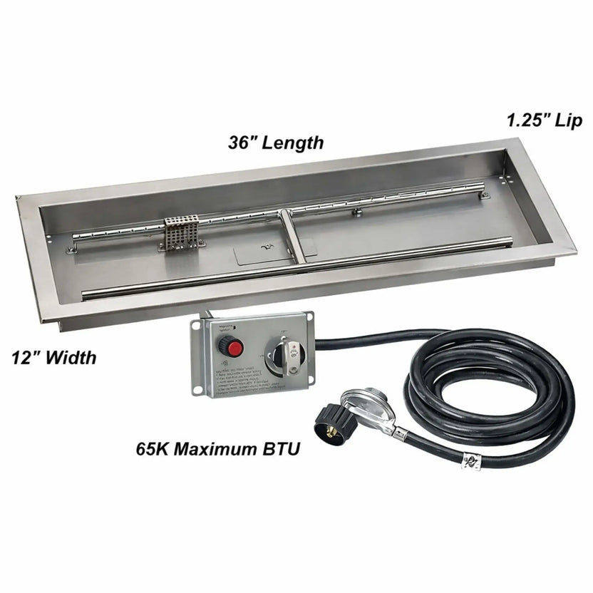 Installation dimension guide for a 36 by 12 inch stainless steel drop-in fire pit pan, showing overall size, burner alignment, and mounting lip measurements.