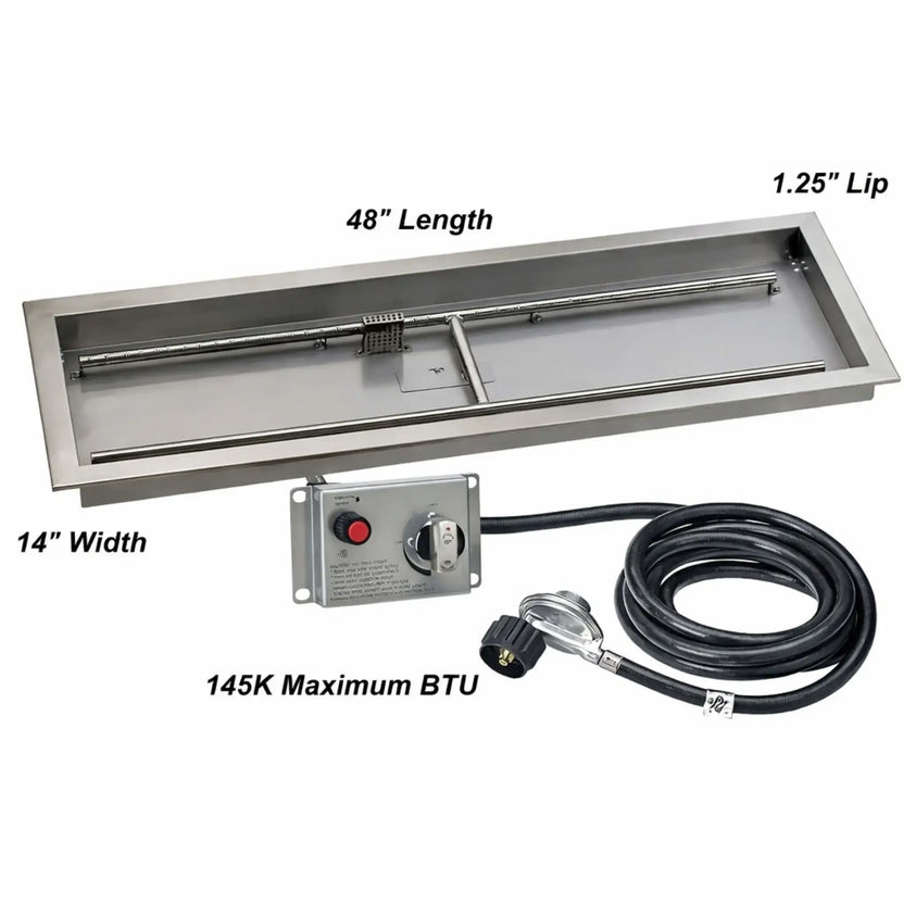 Dimensioned product image of a 48-inch by 14-inch stainless steel rectangular fire pit pan featuring a long linear burner, center flame deflector, raised installation lip, electronic ignition control panel, gas hose assembly, and a 145,000 BTU CSA-certified output.