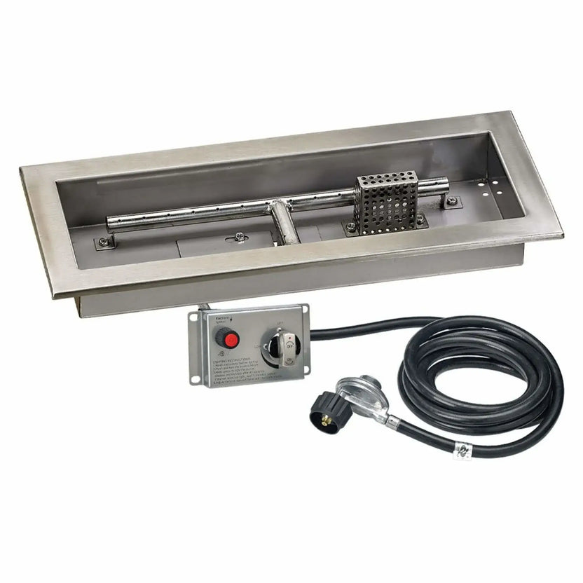 Rectangular stainless steel drop-in fire pit pan measuring 18 by 6 inches, featuring a linear burner tube, perforated ignitor cage, and integrated propane gas connection, designed for compact outdoor fire features.