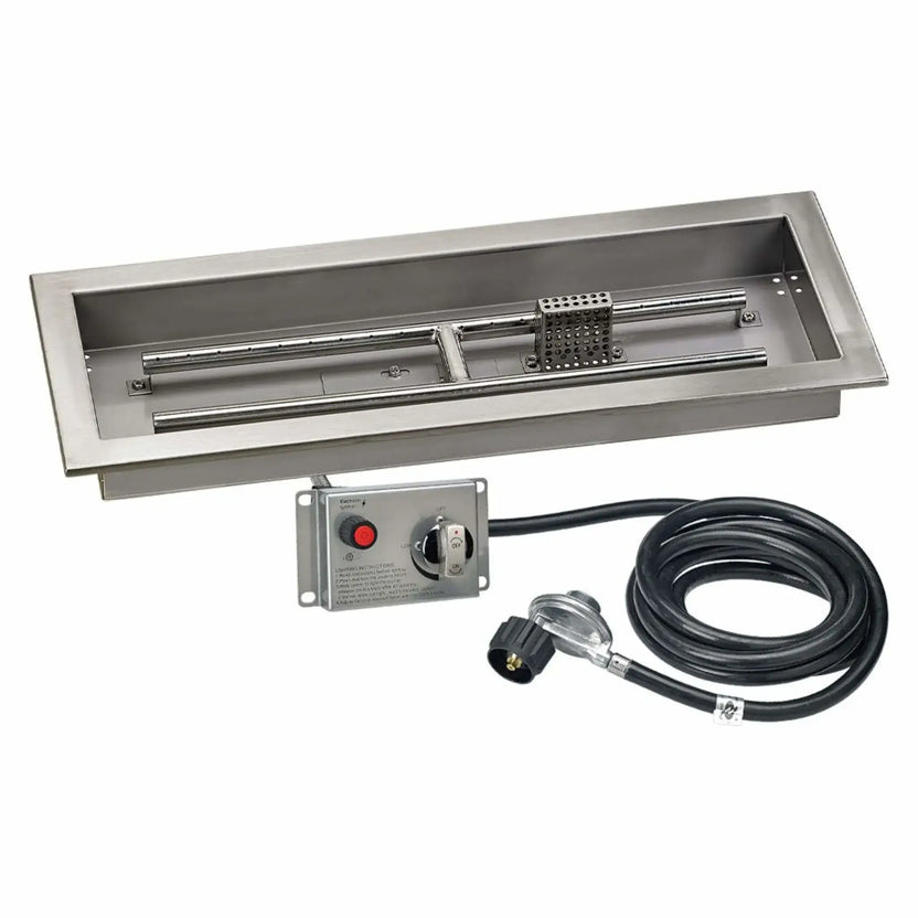24-inch by 8-inch stainless steel rectangular fire pit pan with a centered linear burner, ignition housing, and propane-ready gas line, shown on a white background for outdoor fire pit installations.
