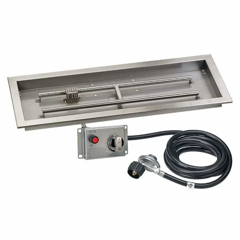 Long rectangular stainless steel fire pit pan sized 30 by 10 inches, displaying a linear burner system, reinforced pan walls, and propane gas hookup for custom outdoor fire pit designs.