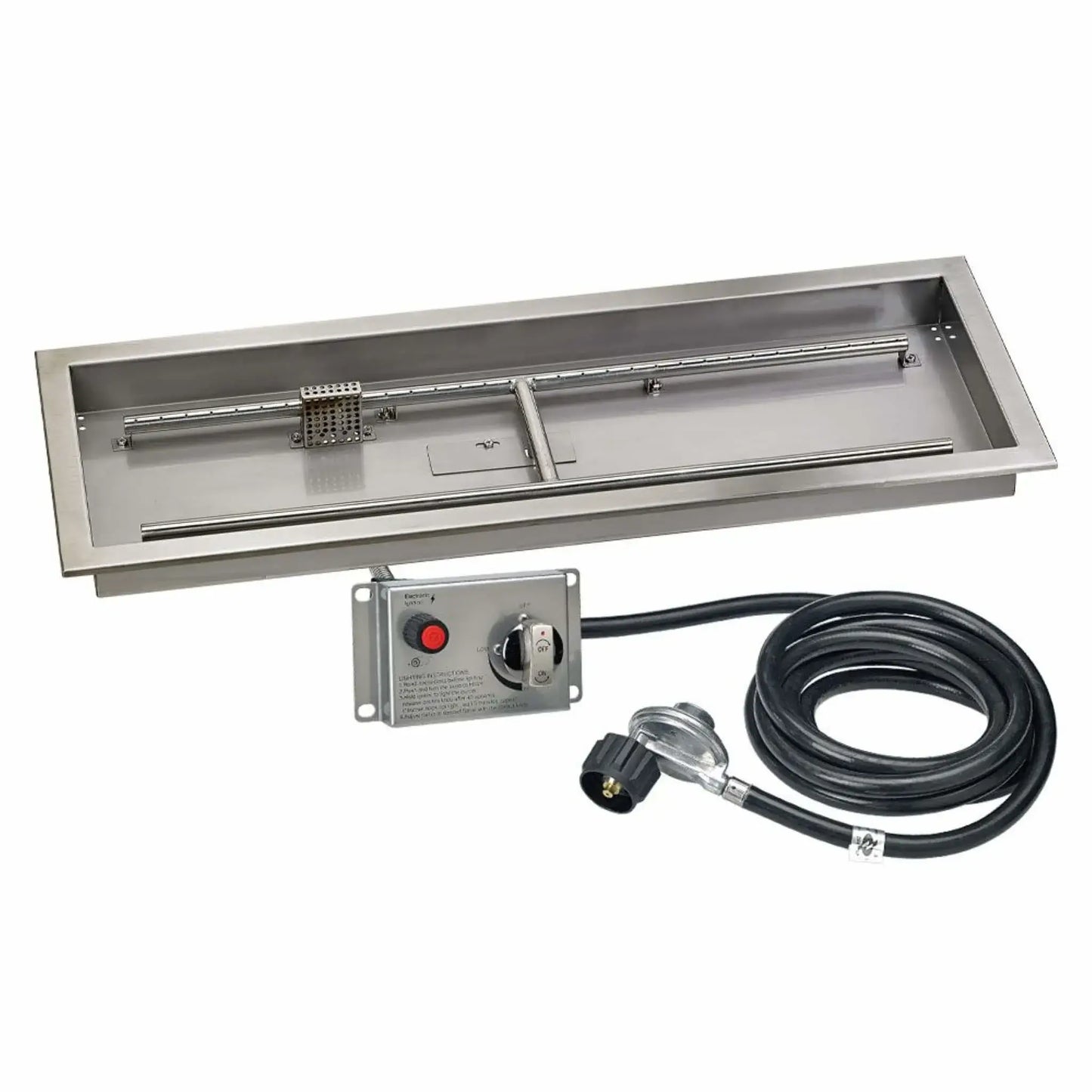 36-inch stainless steel drop-in fire pit pan with a wide rectangular opening, linear burner tube, ignitor cage, and propane gas connection, built for medium to large outdoor fire features.