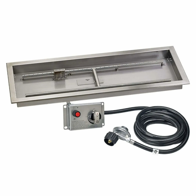 36-inch stainless steel drop-in fire pit pan with a wide rectangular opening, linear burner tube, ignitor cage, and propane gas connection, built for medium to large outdoor fire features.