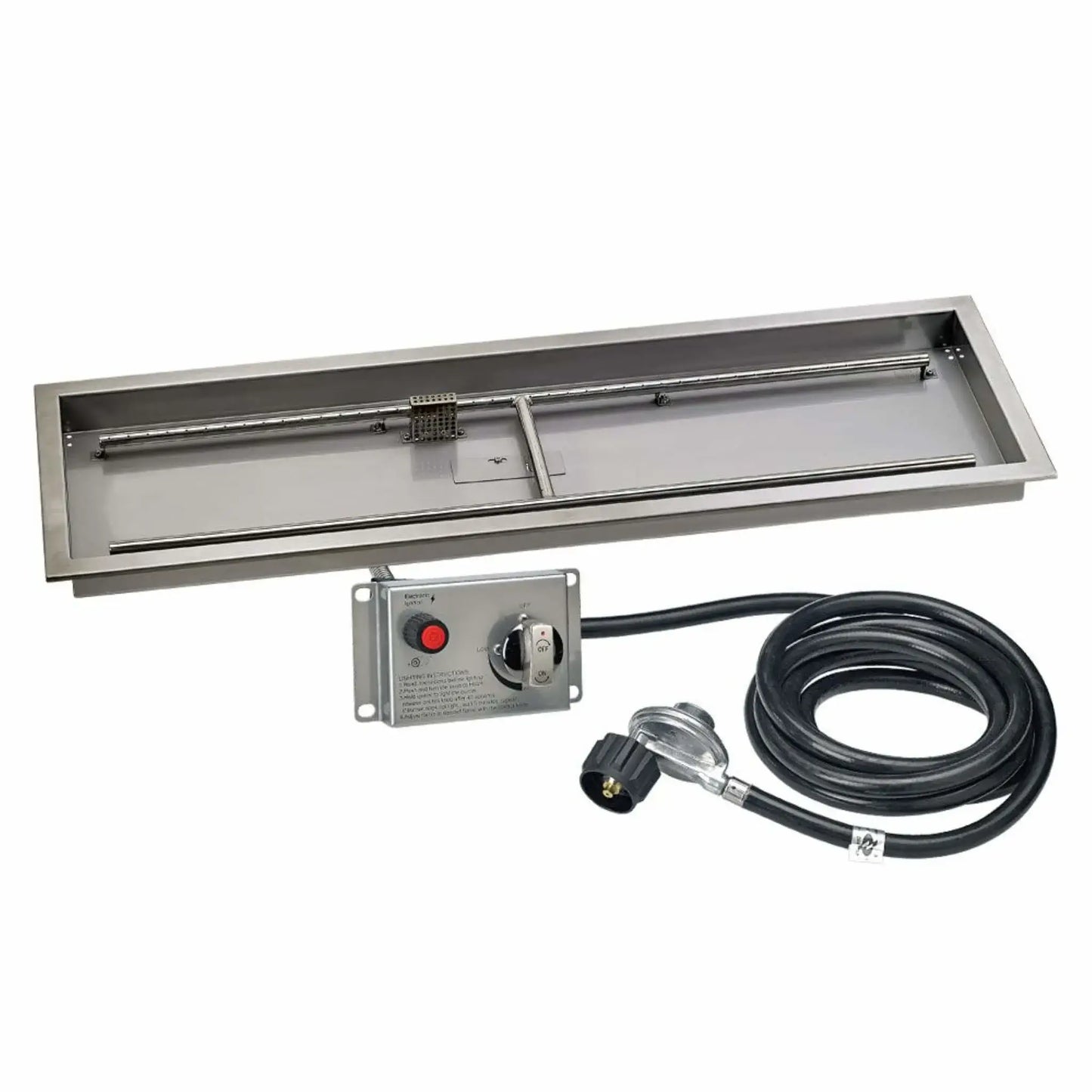 Extra-long 48 by 14 inch stainless steel rectangular fire pit pan featuring dual support rails, linear burner assembly, and propane fuel line, ideal for large modern outdoor fire pits.