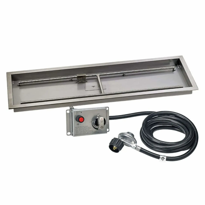 Extra-long 48 by 14 inch stainless steel rectangular fire pit pan featuring dual support rails, linear burner assembly, and propane fuel line, ideal for large modern outdoor fire pits.