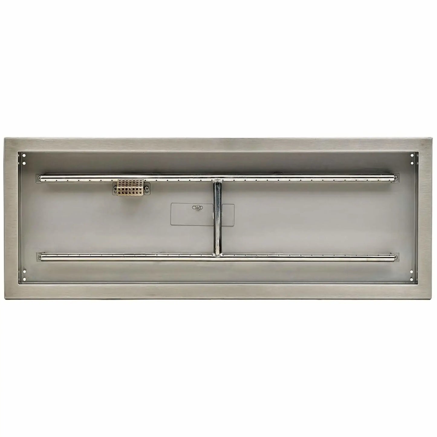 Top-down view of a rectangular stainless steel fire pit pan showing the full linear burner layout, ignitor housing, and clean welded edges designed for drop-in fire pit installations.