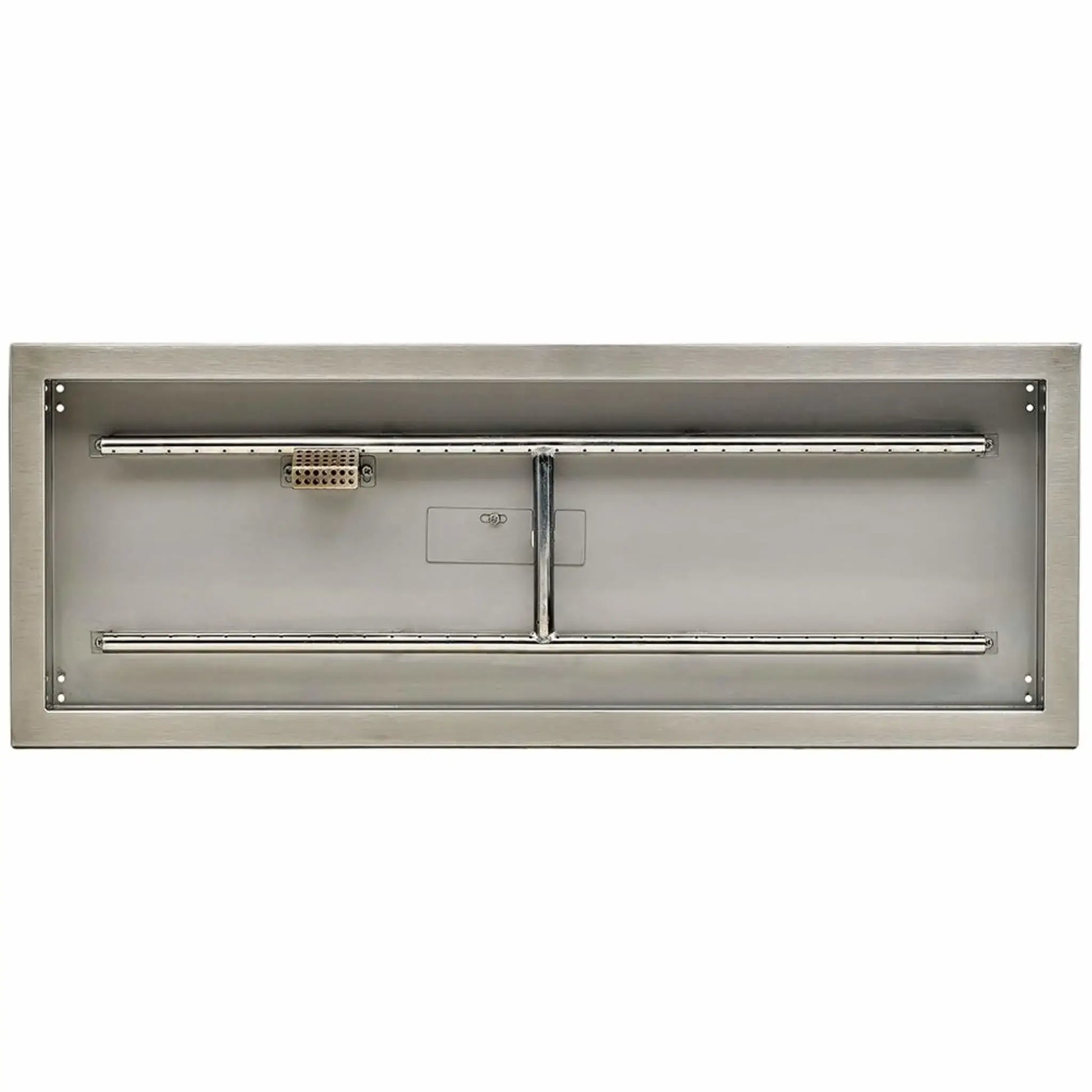 Top-down view of a rectangular stainless steel fire pit pan showing the full linear burner layout, ignitor housing, and clean welded edges designed for drop-in fire pit installations.