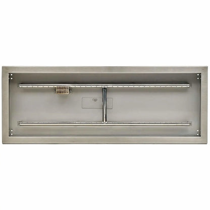 Top-down view of a rectangular stainless steel fire pit pan showing the full linear burner layout, ignitor housing, and clean welded edges designed for drop-in fire pit installations.