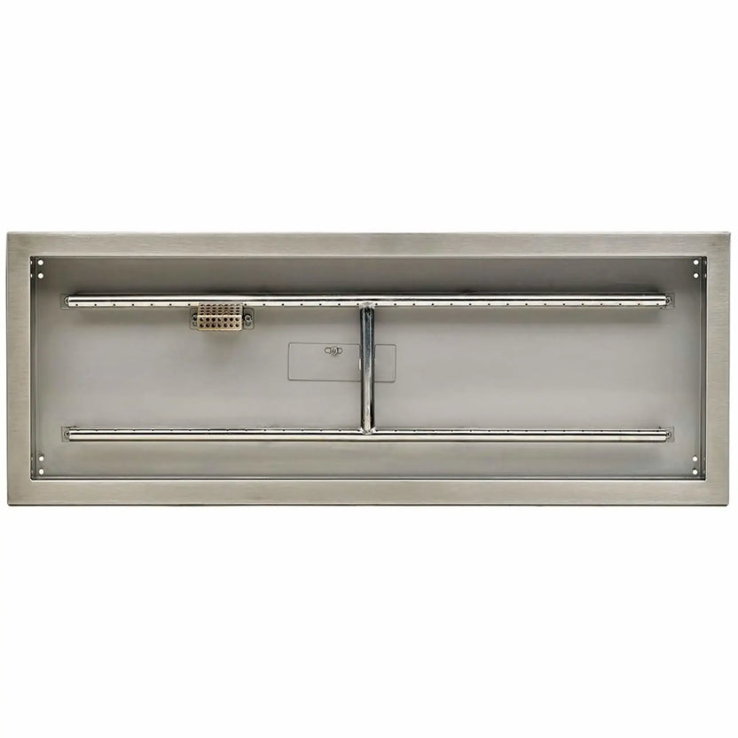 Top-down view of a rectangular stainless steel fire pit pan showing the full linear burner layout, ignitor housing, and clean welded edges designed for drop-in fire pit installations.