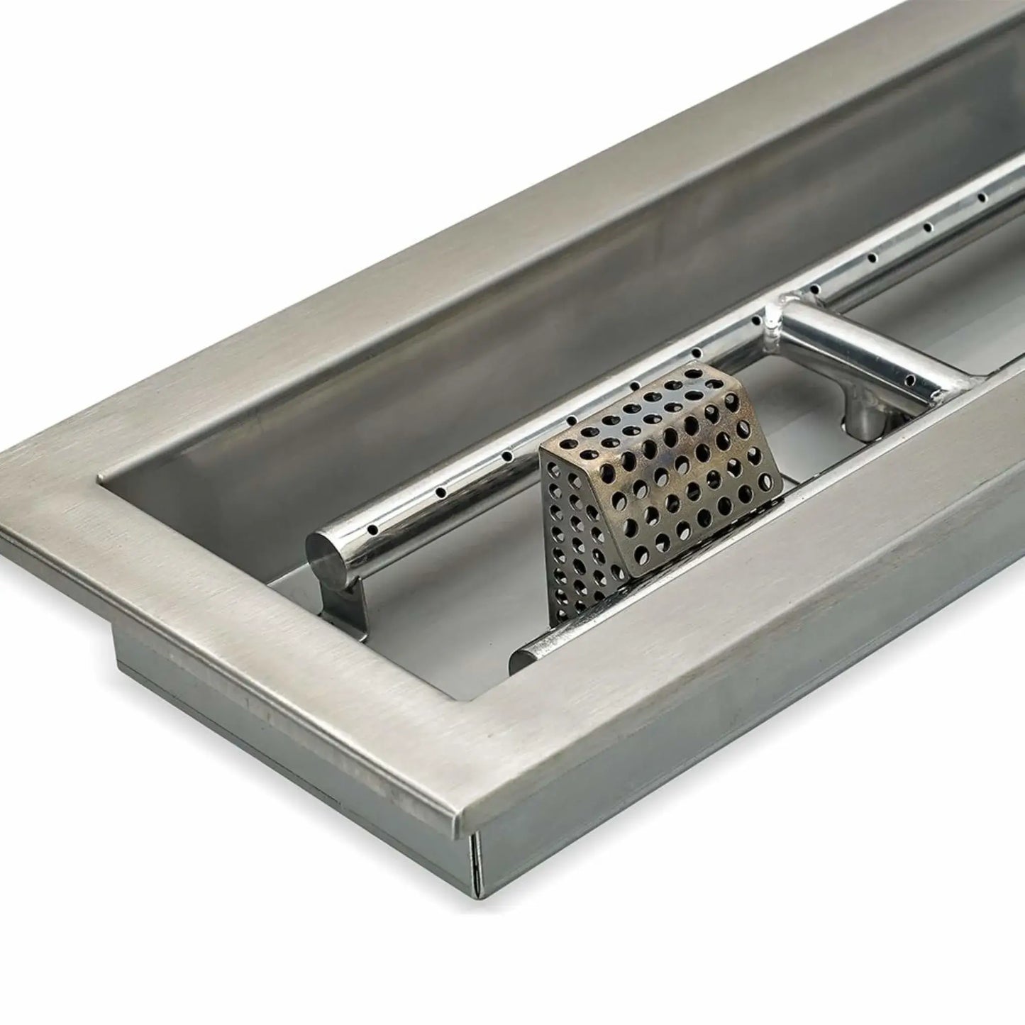 Close-up detail of a stainless steel rectangular fire pit pan highlighting the brushed metal finish, clean welds, and precision-cut edges of the drop-in fire pit design.