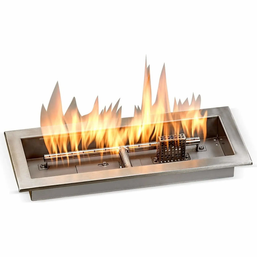 Stainless steel rectangular fire pit pan with active flames rising evenly across the linear burner, demonstrating flame pattern and heat output in an 18 by 6 inch propane fire pit insert.