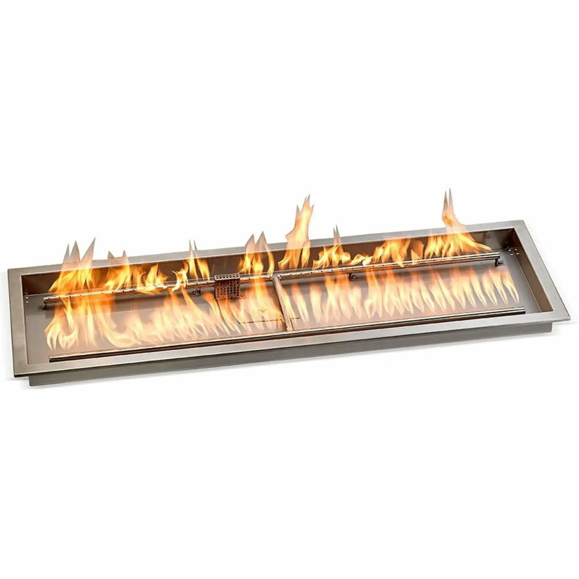 Large 48-inch by 14-inch stainless steel rectangular fire pit pan producing an expansive linear flame, emphasizing the extended burner length, high-output fire performance, brushed stainless steel finish, and clean drop-in installation profile.