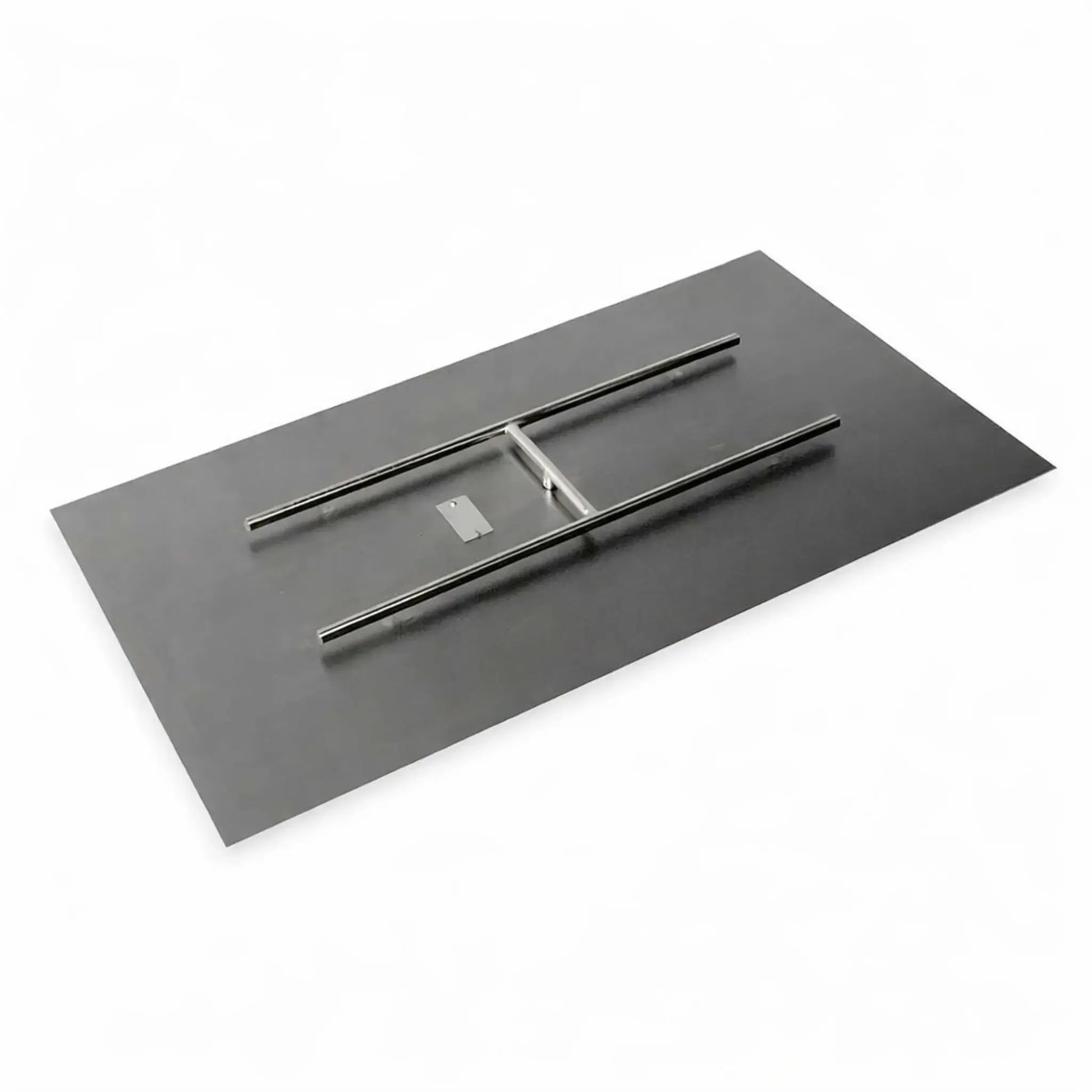 Rectangular stainless steel flat fire pit burner pan with integrated linear gas burner bars, shown from an angled top view on a white background, designed for custom outdoor fire pit installations.