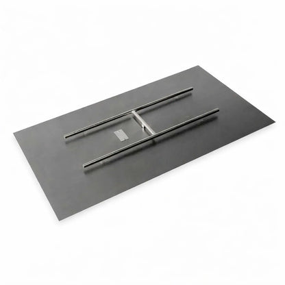 Rectangular stainless steel flat fire pit burner pan with integrated linear gas burner bars, shown from an angled top view on a white background, designed for custom outdoor fire pit installations.