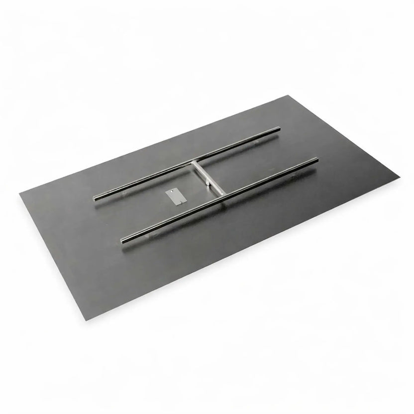 Rectangular stainless steel flat fire pit burner pan with integrated linear gas burner bars, shown from an angled top view on a white background, designed for custom outdoor fire pit installations.