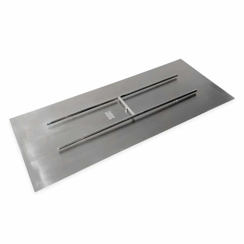 Rectangular stainless steel flat fire pit burner pan shown from an angled top view, featuring dual parallel burner tubes welded to a solid steel base with a centered support bracket, designed for custom outdoor fire pit installations and even flame distribution.
