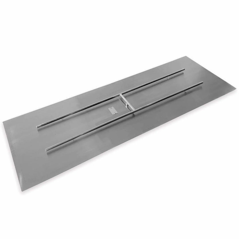 Extra-large rectangular stainless steel flat fire pit burner pan with two long burner rails and reinforced center support, displayed on a clean white background, ideal for modern outdoor fire pits requiring wide flame coverage and durable commercial-grade construction.