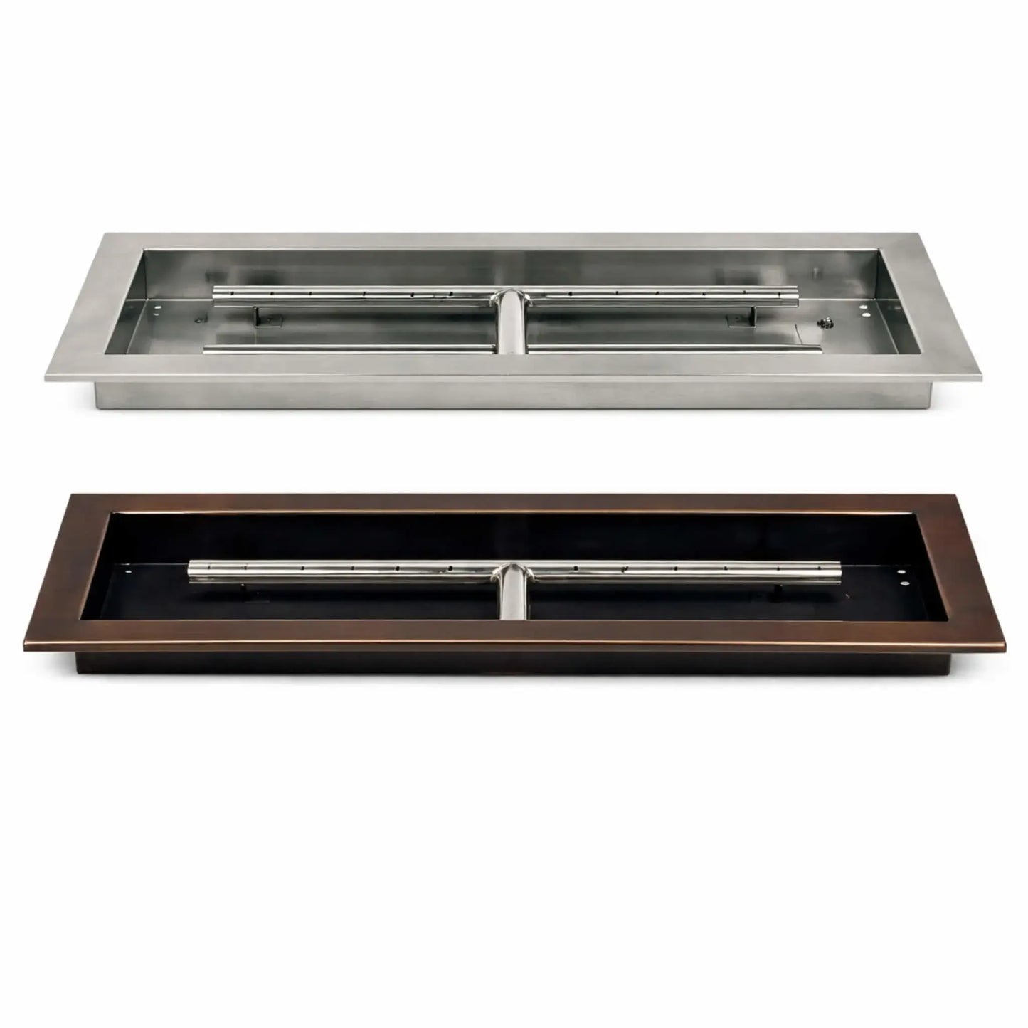 Oil rubbed bronze rectangular drop-in fire pit burner pan showcasing a dark bronze finish with a contrasting stainless steel linear burner system. The pan includes a centered T-style burner configuration, smooth finished edges, and a recessed basin designed for professional fire pit installations in contemporary and traditional outdoor living spaces.