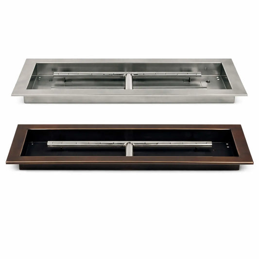 Oil rubbed bronze rectangular drop-in fire pit burner pan showcasing a dark bronze finish with a contrasting stainless steel linear burner system. The pan includes a centered T-style burner configuration, smooth finished edges, and a recessed basin designed for professional fire pit installations in contemporary and traditional outdoor living spaces.