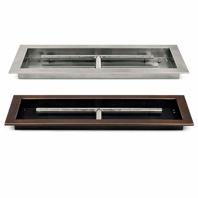 Oil rubbed bronze rectangular drop-in fire pit burner pan showcasing a dark bronze finish with a contrasting stainless steel linear burner system. The pan includes a centered T-style burner configuration, smooth finished edges, and a recessed basin designed for professional fire pit installations in contemporary and traditional outdoor living spaces.