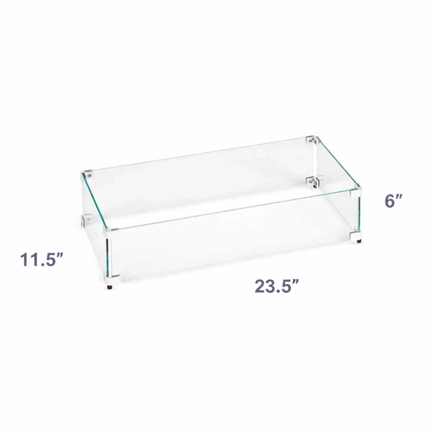 Rectangular fire pit tempered glass wind guard shown with labeled dimensions, highlighting an 23.5-inch length and 6-inch depth and 6" Height for compact fire pit installations.